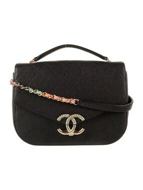 CHANEL Black Quilted Caviar Leather Paris Cuba Thread Top-Handle Shoulder Bag